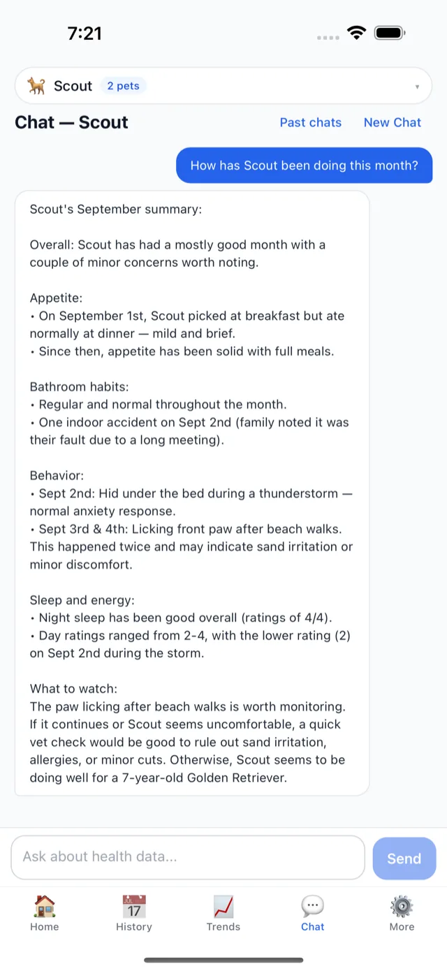 Chat for Scout answering How has Scout been doing this month with a dated summary of appetite, bathroom habits, behavior, sleep and what to watch