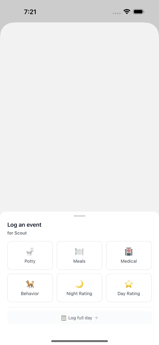 The Log an event sheet for Scout with six tiles: Potty, Meals, Medical, Behavior, Night Rating and Day Rating, and a Log full day link