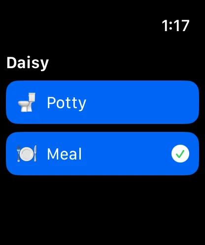 The WagWatch Apple Watch app showing Daisy's name above two large tiles, Potty and Meal, with a green tick on the Meal tile