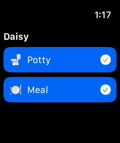 The same two tiles, one with an amber tick and one with a green tick, showing an entry on its way to the phone and an entry the phone has confirmed