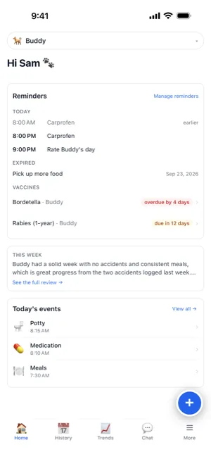WagWatch Home on iPhone for a sample dog, Buddy: a Reminders card with today's medication and rating reminders, an expired one-off reminder and two vaccines, one overdue; a This Week summary; and today's entries, potty, medication and a meal, each with its time.