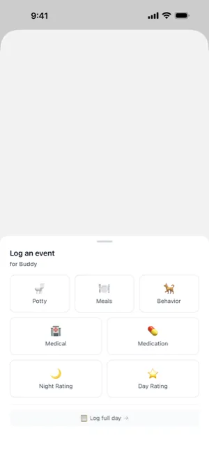 The Log an event sheet on iPhone, for Buddy, with tiles for Potty, Meals, Behavior, Medical, Medication, Night Rating and Day Rating, and a link to log a full day.