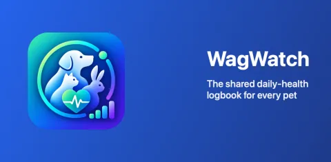 A blue banner with the WagWatch app icon on the left and, on the right, the words WagWatch: The shared daily-health logbook for every pet.