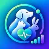 The WagWatch app icon: a dog, a cat and a rabbit in silhouette above a heart with a pulse line, inside a circular gauge, on a blue-to-purple gradient.