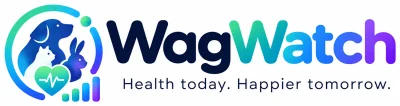The WagWatch wordmark: the icon's gauge and pets beside the word WagWatch, with the line Health today. Happier tomorrow.