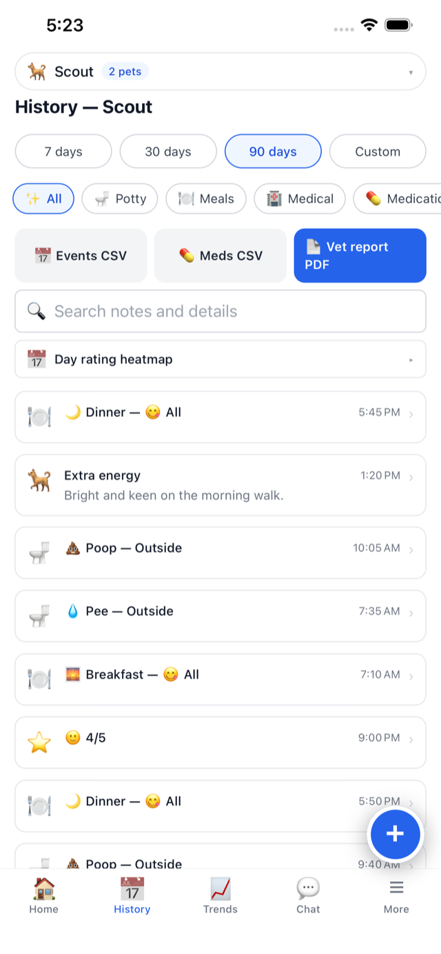 History screen over 90 days: range and type filters, a search box, a day-rating heatmap, and a list of meals, potty and behavior entries