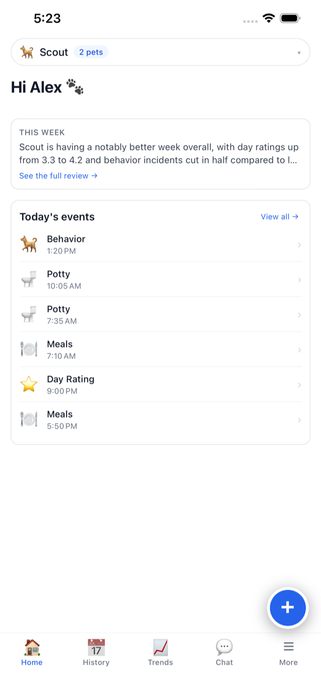 WagWatch home screen on iPhone showing Scout's day: a This week AI review card above today's logged meals, potty and behavior entries